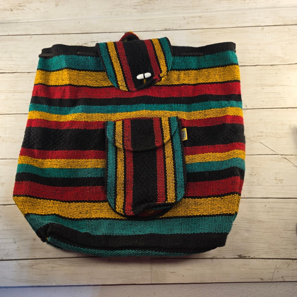VTG Pinzon Woven Baja Stripe Backpack Multi Color Rasta Festival Drawstring Bag